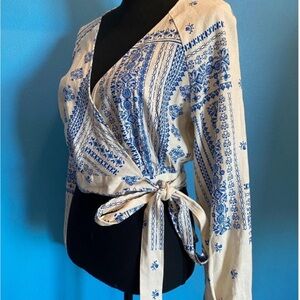 Blue and Cream Wrap Blouse